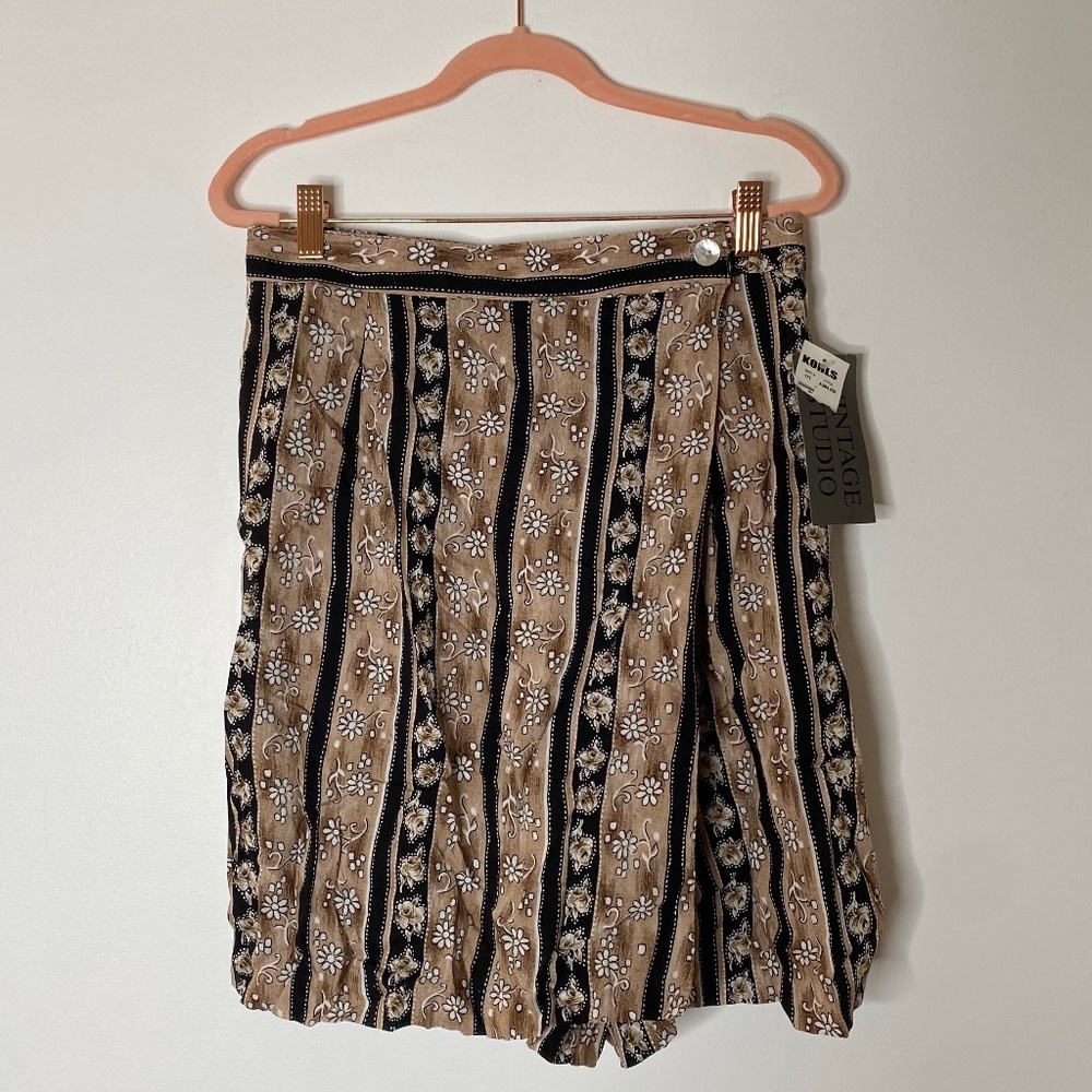 VINTAGE STUDIO Brown Black Floral Stripe Print Rayon Skort Shorts M/L
